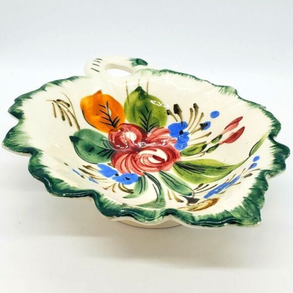 Italian Hand Painted Vtg Pottery Floral Leaf Ceramic Trinket, Candy, or Nut Dish - Picture 3 of 7